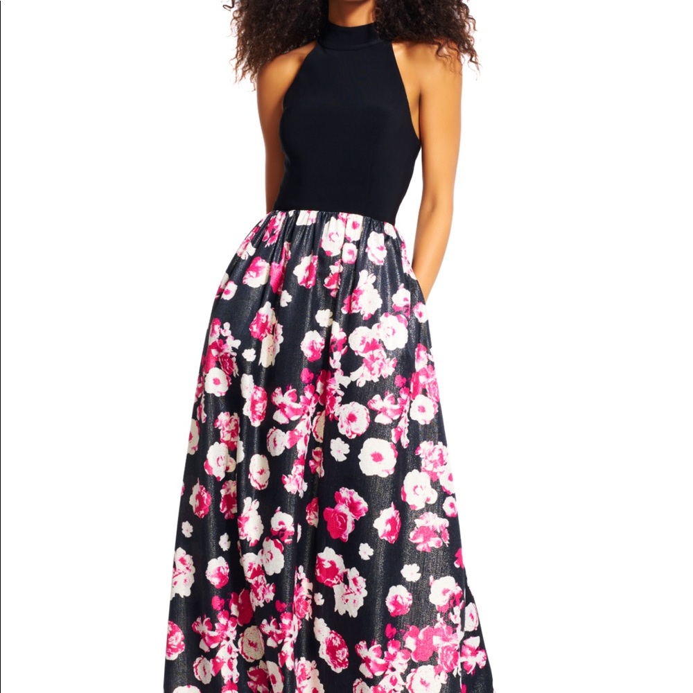Adrianna Papell Mock Halter Gown w/ Floral Skirt